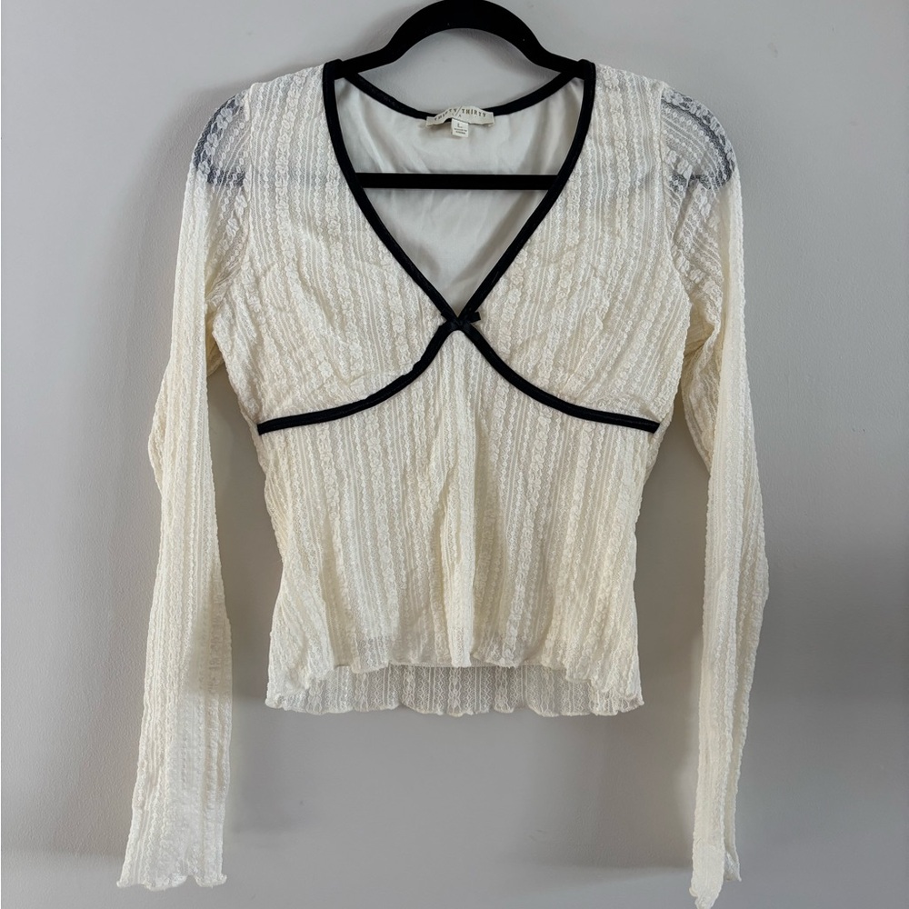 Thirty Thirty Long-Sleeve Lace Top with Black Trim, Y2K, Size L